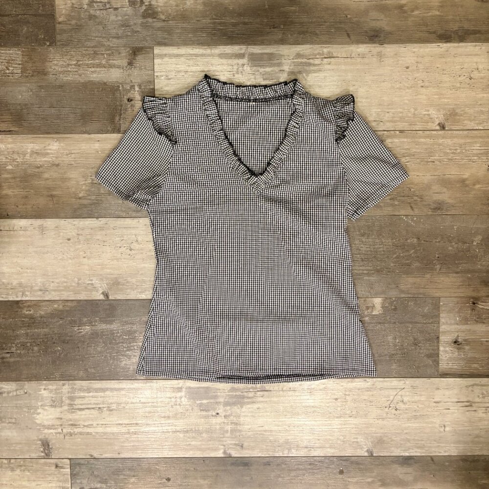 Black White Gingham Ruffle Neck Puff Sleeve Blouse Cottagecore Top Large